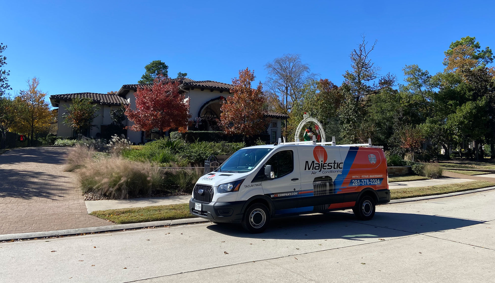 Majestic-AC-repair-truck-at-a-home-in-The-Woodlands-TX