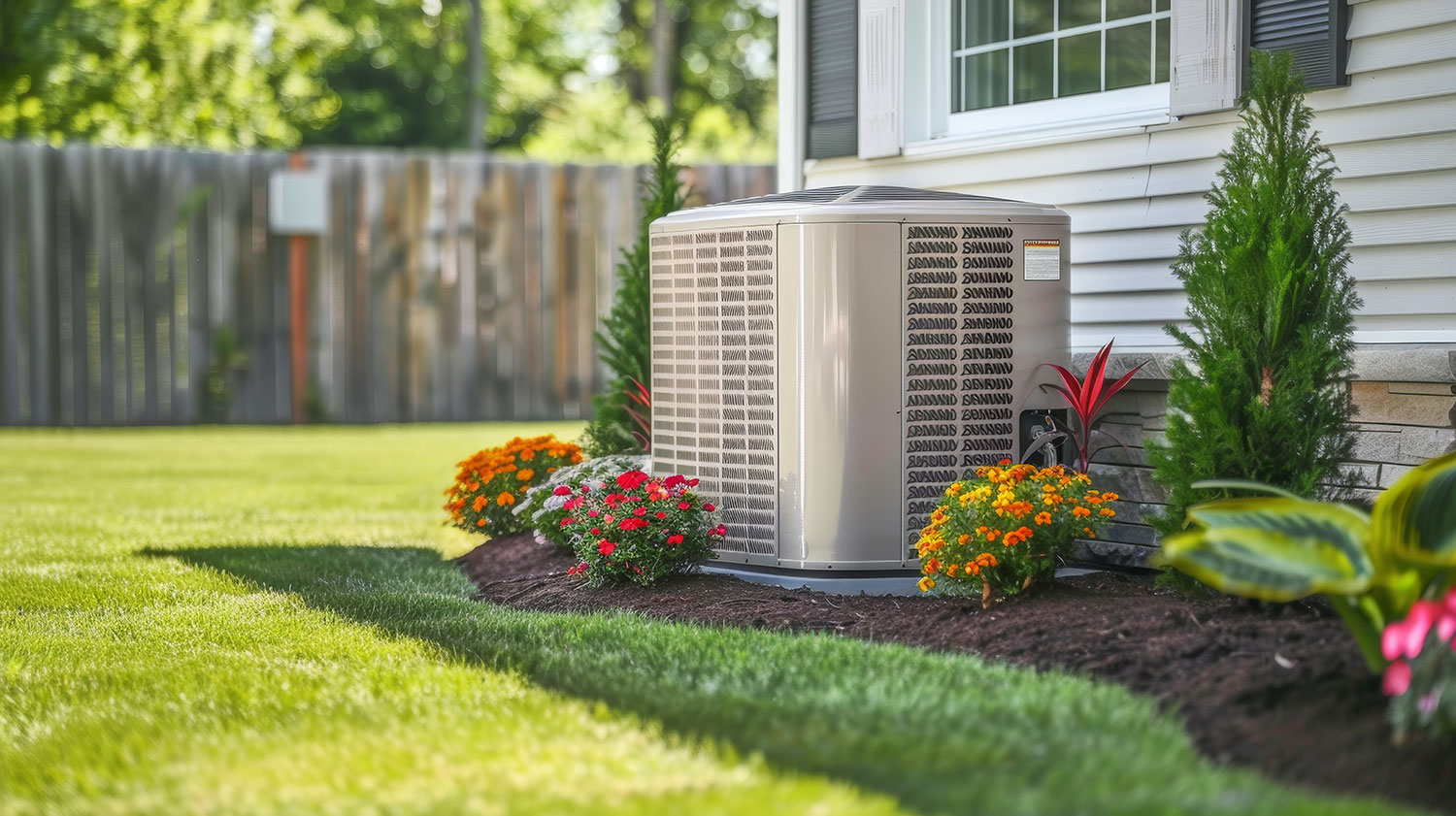 residential air conditioner compressor next to a home
