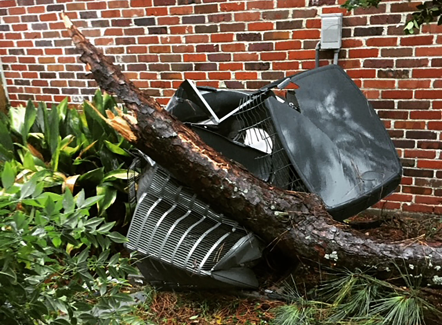 fallen tree from Hurricane Beryl destroys outdoor HVAC condenser unit