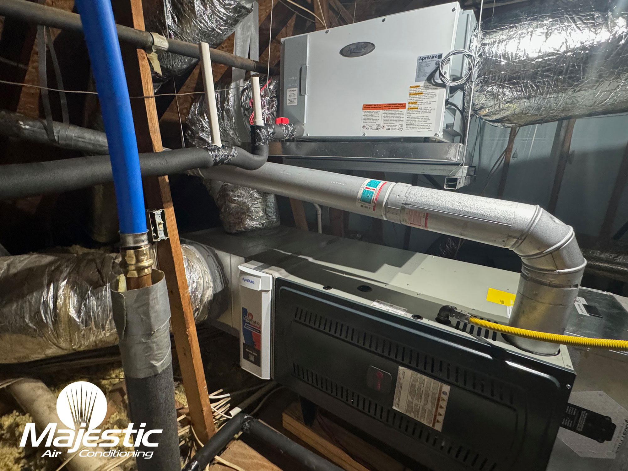 residential air conditioner in the attic with air cleaner attachment