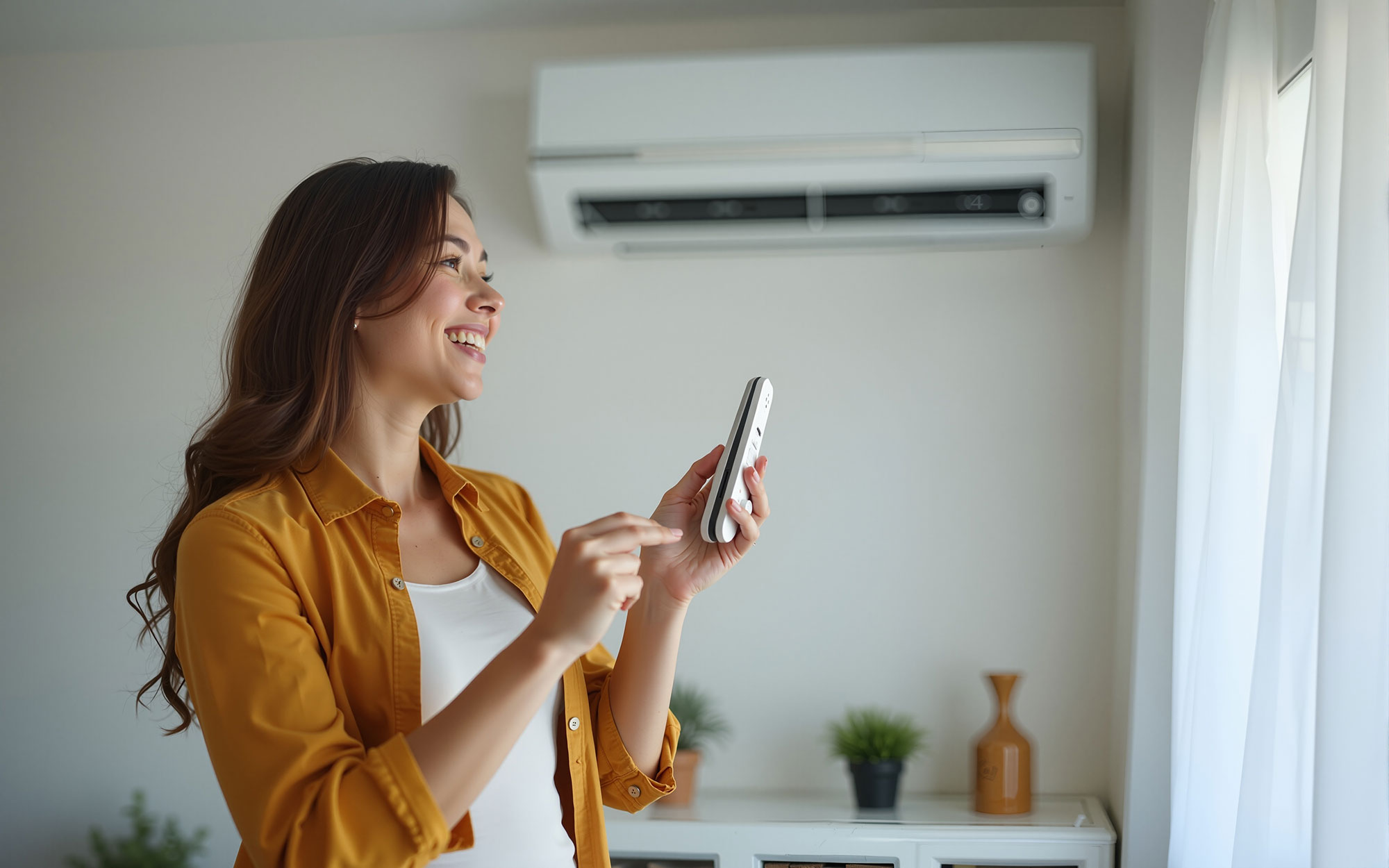woman controlling a mini-split air conditioner in her home