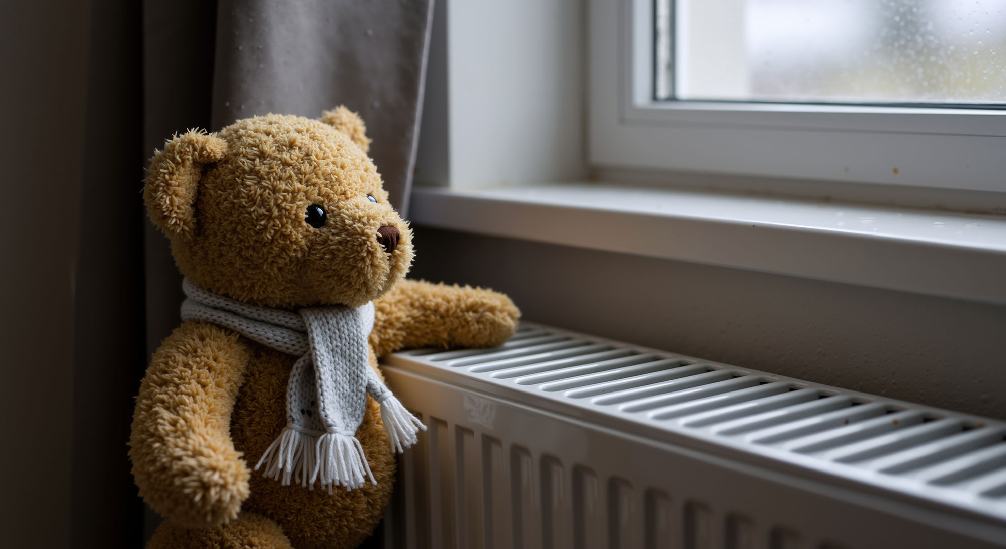 Teddy bear wearing a scarf for cold and looking out a window
