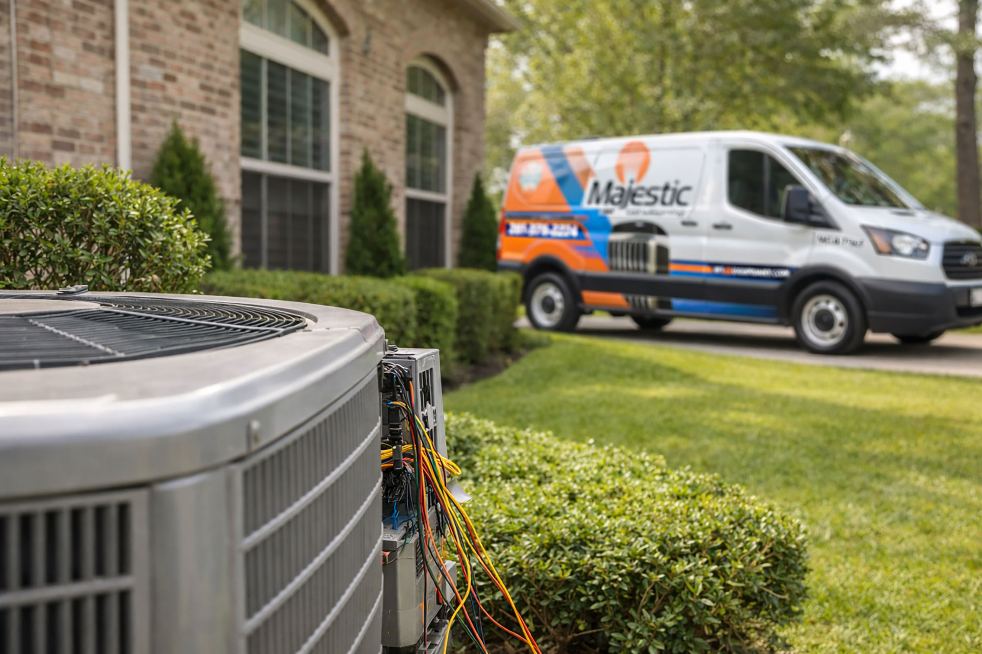 AI generated image of Majestic AC truck servicing a residential AC unit