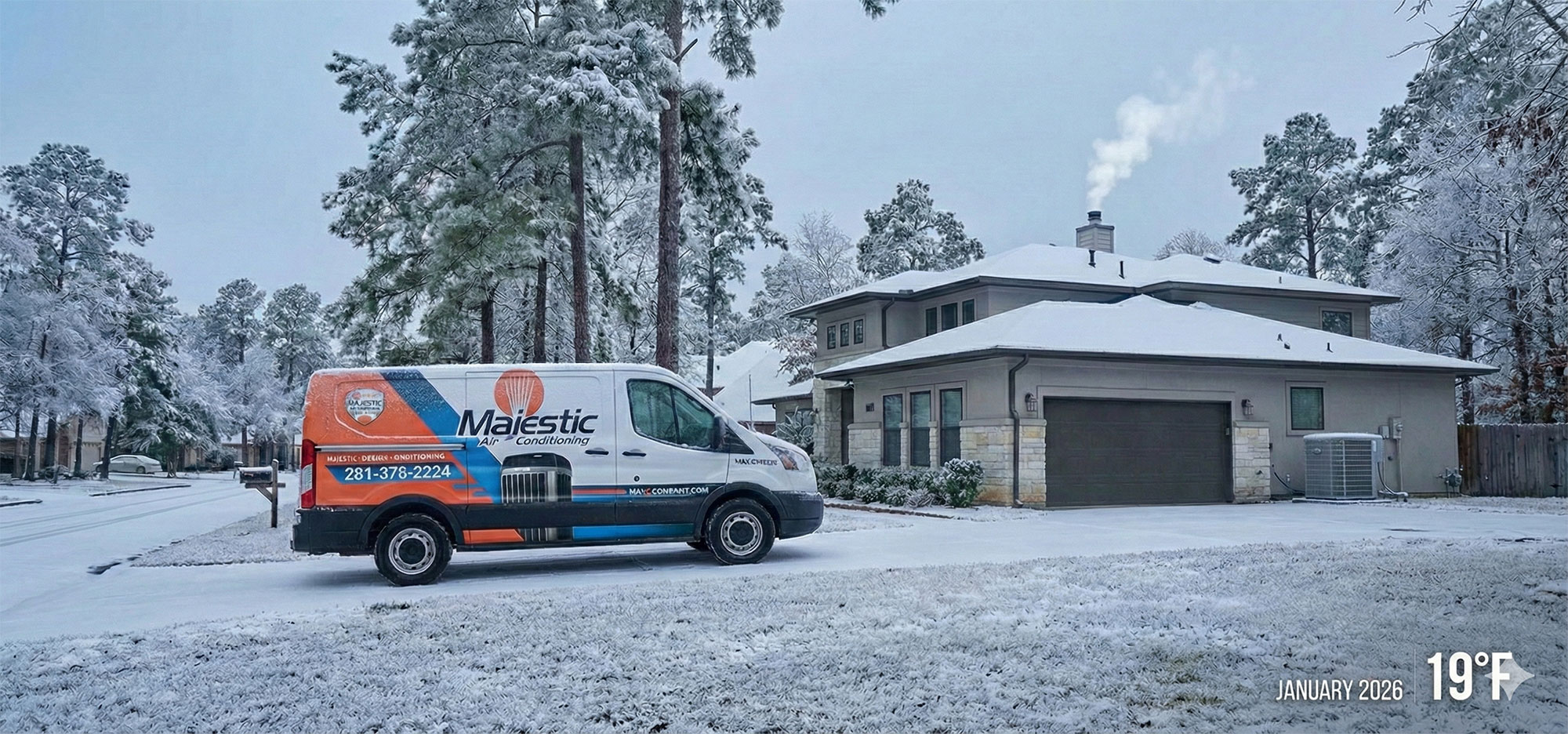 AI generated image of Majestic AC van in front of home during winter cold snap