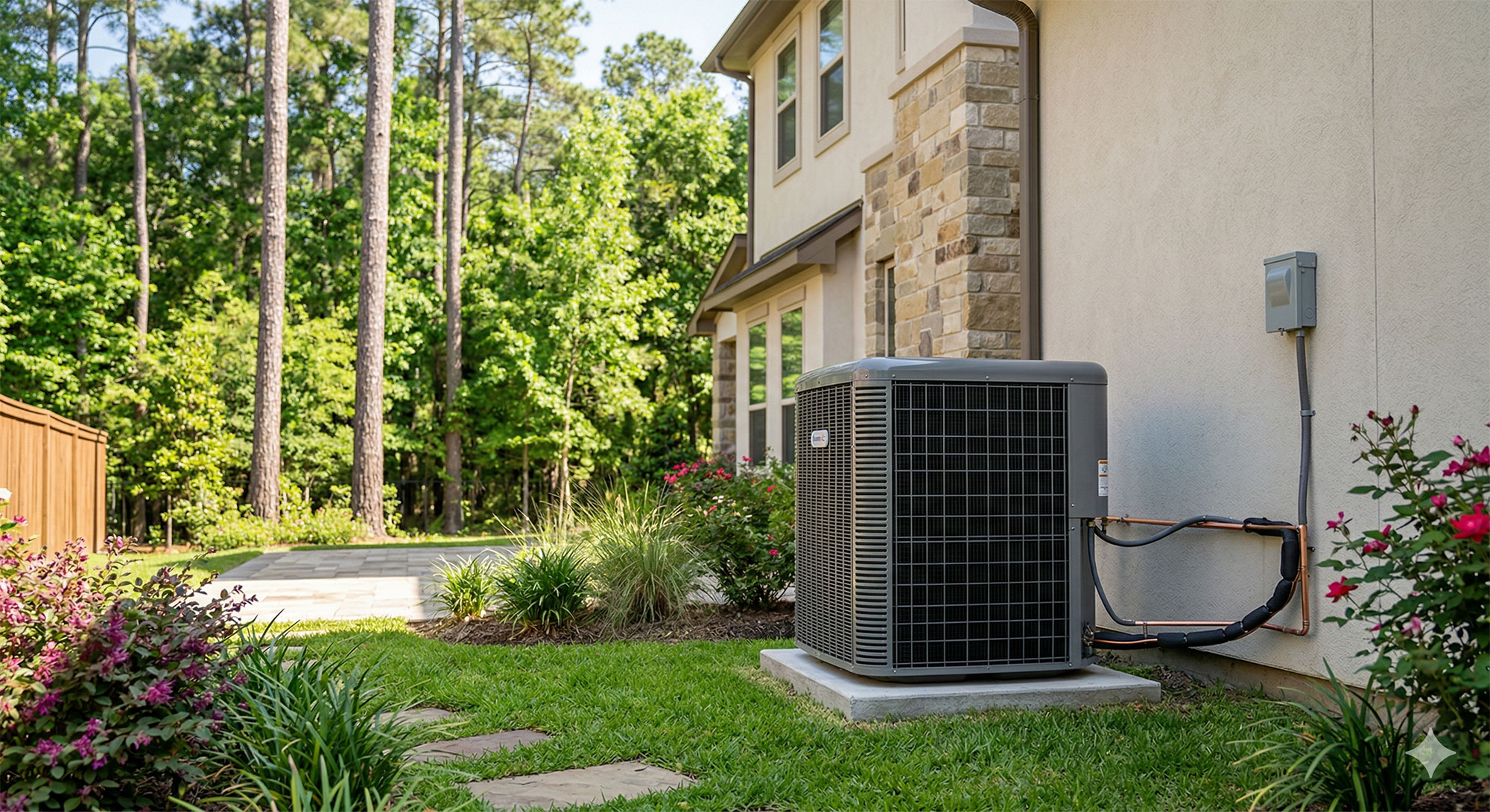 Gemini AI generated image of an outdoor AC condenser unit at a Spring Texas home