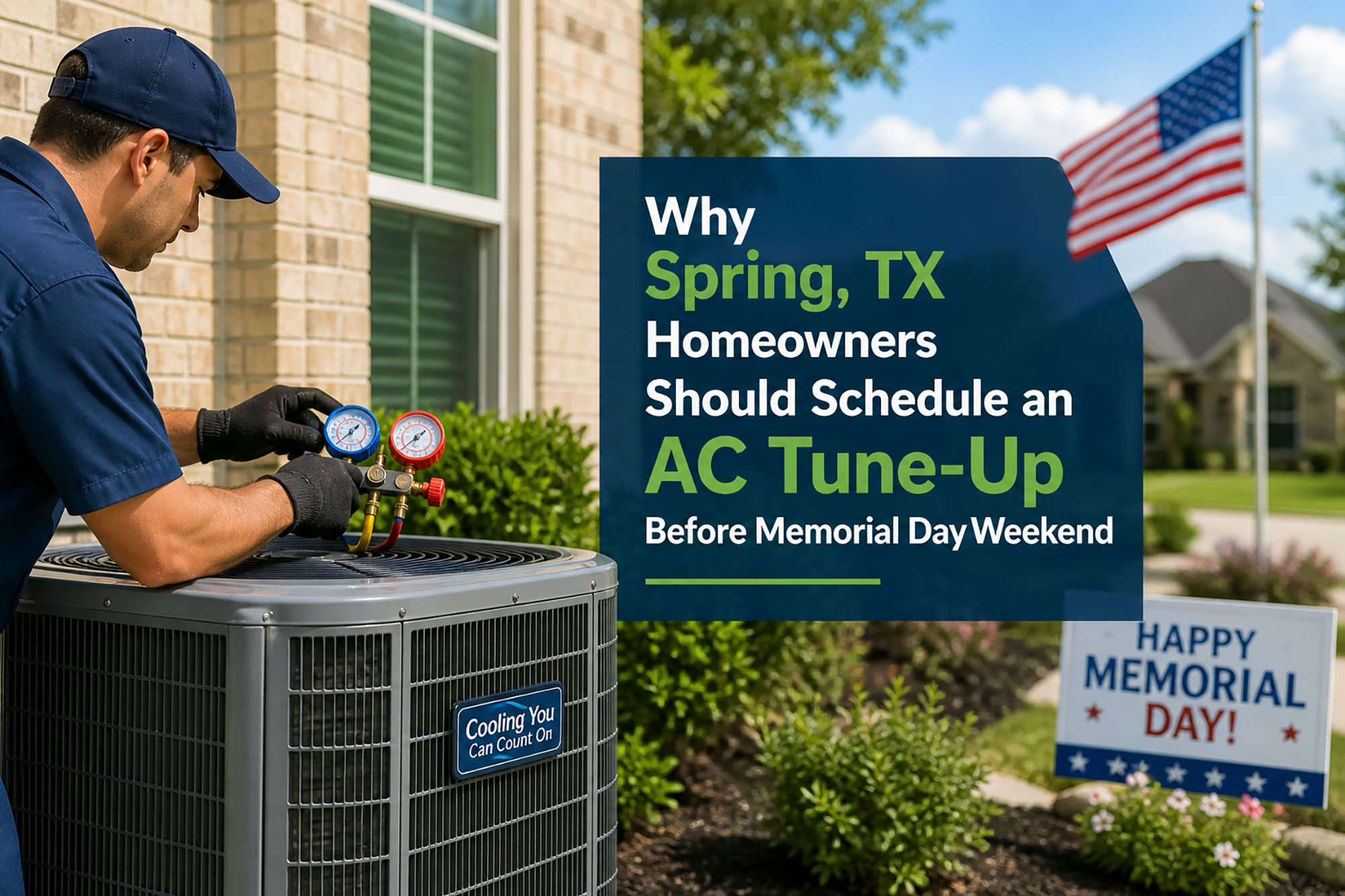 AI generated image of technician working on a home AC system with Memorial Day banner