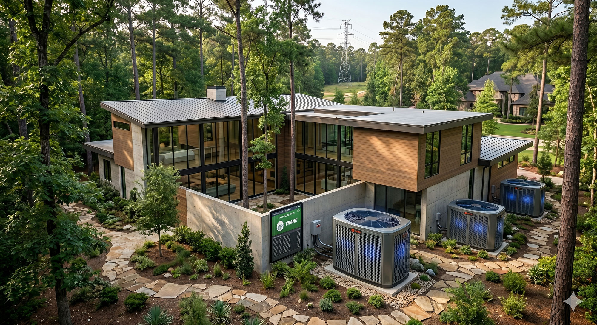 AI image of home in The Woodlands Texas with Trane AC systems highlighted