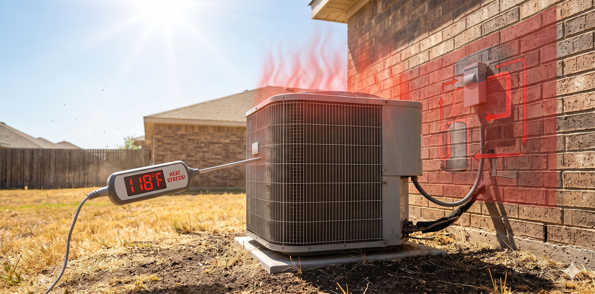 Gemini AI generated image showing an outdoor AC condenser showing heat stress
