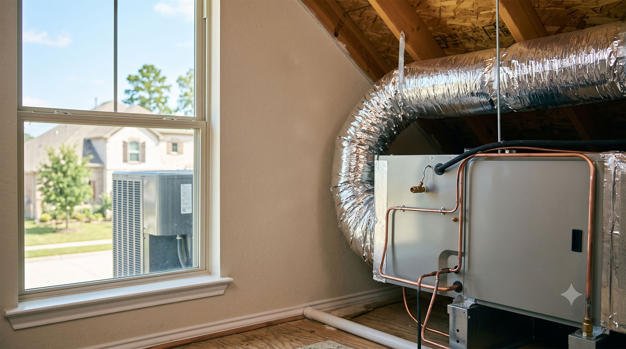 New residential AC installation with condenser seen through window. Google AI generated image