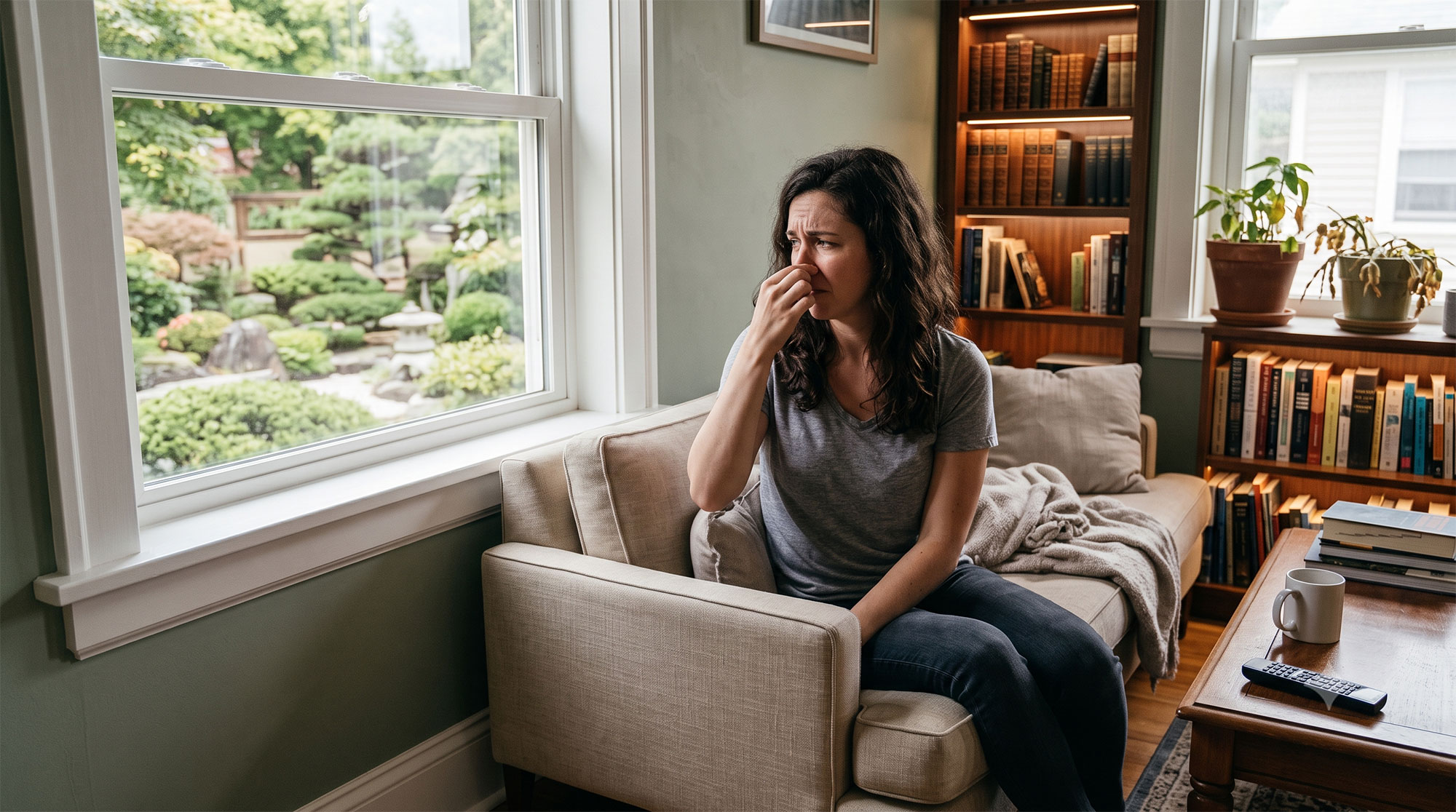 woman in home smelling musty odors