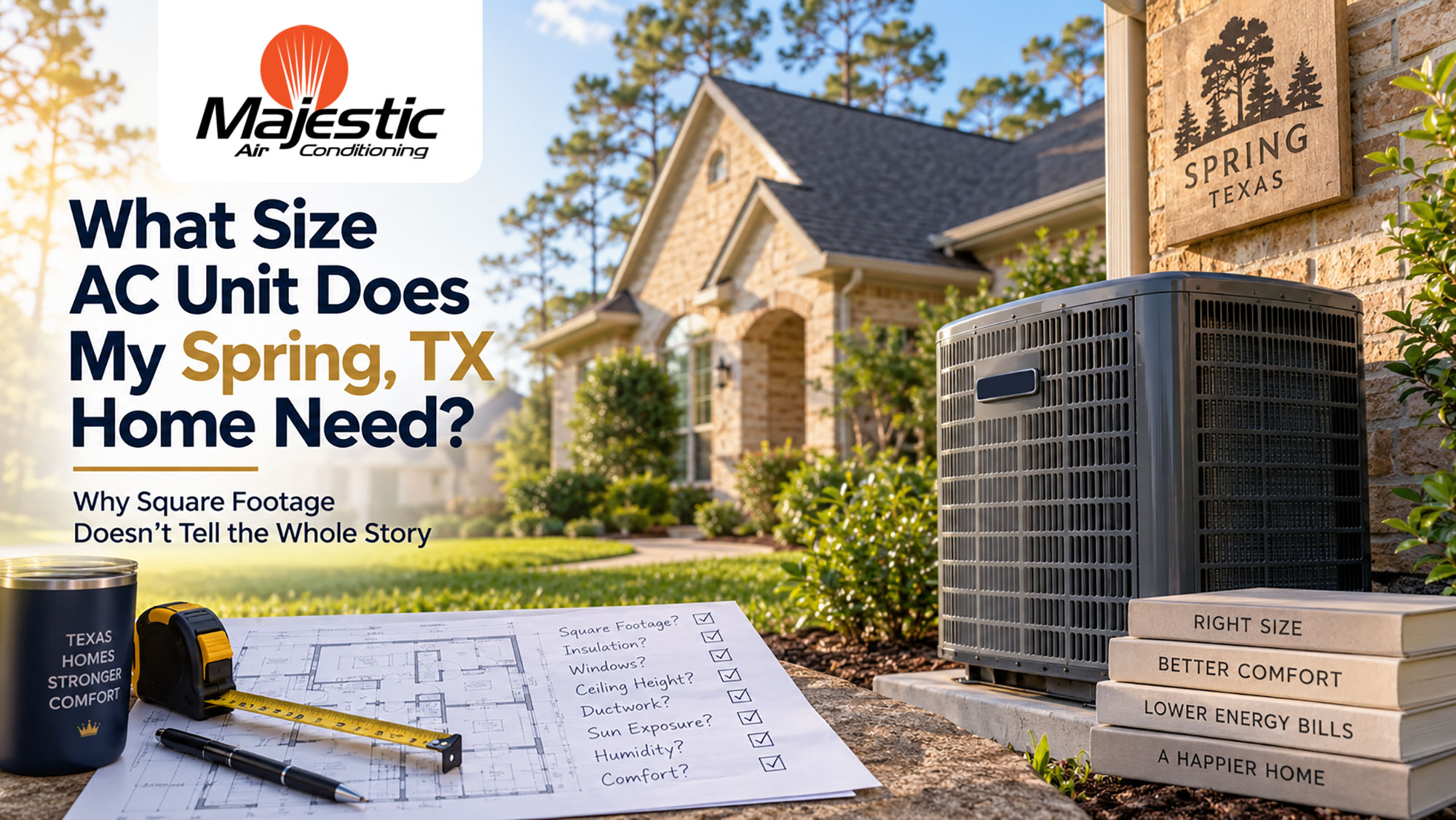 New AC condenser outside Spring Texas home with plans - AI generated