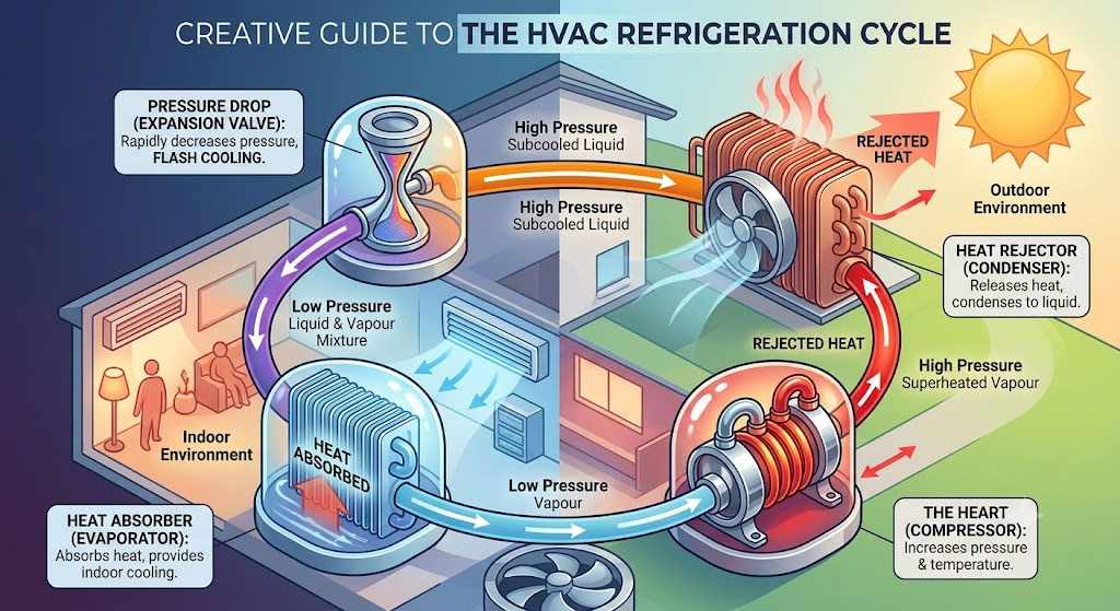 creative guide to the HVAC refrigeration cycle - AI generated