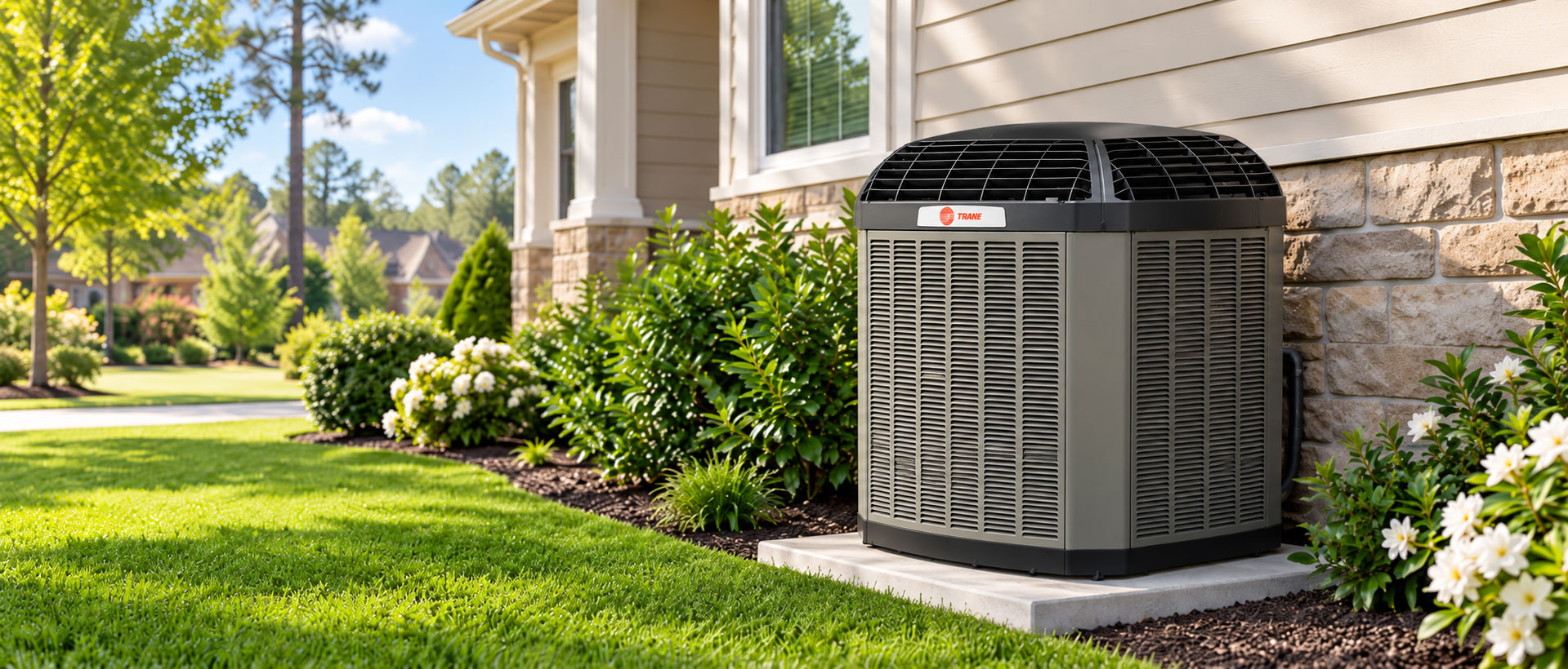 Trane heat pump outside residential home - AI generated